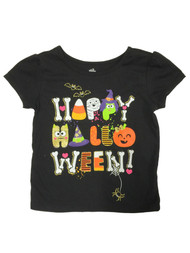 Toddler Girls Black Glitter Happy Halloween Pumpkin Short Sleeve Shirt