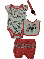 Infant Toddler Coral Zebra Triangle Print 4-PC Bodysuit Bib Headband Outfit 6-9m