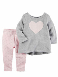Carters Infant Girls Baby Outfit Gray Heart Sweater Shirt & Pink Dot Pants 6m