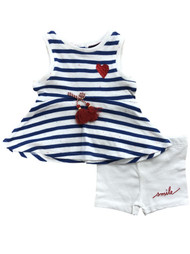 Infant Girls Baby Outfit Blue Stripe Jumper Dress & White Smile Shorts 6m