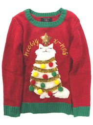 Girls Red Meowy X-Mas Kitty Cat Christmas Tree Tinsel Holiday Sweater