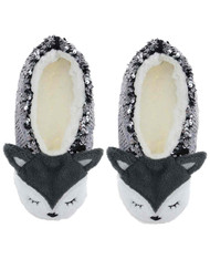 Womens Gray Sequin Fox Ballet Slippers Plush Sherpa House Shoes S/M 5-7