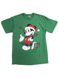 Disney Mens Green Mickey Mouse Christmas Lights Holiday T-Shirt Tee Shirt