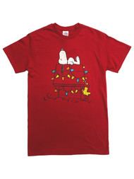 Peanuts Mens Red Snoopy Dog Christmas Holiday Lights T-Shirt Tee Shirt