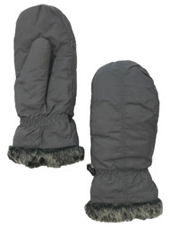 Womens Gray Nylon Ski & Snow Mittens With Faux Fur Trim