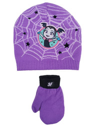 Vamperina Toddler Girls Purple Vampire Beanie Hat & Mittens Set