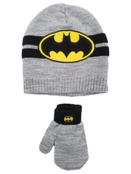 Batman Toddler Boys Gray & Black Bat Man Beanie Hat & Mittens Set 2T-5T