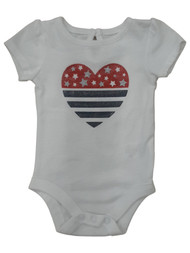 Infant Girls White Patriotic Heart Flag Print Short Sleeve Romper Bodysuit