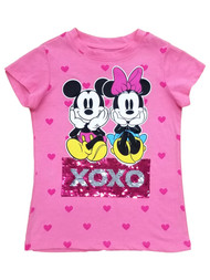 Disney Girls Minnie Mickey XOXO Pink Sequins Heart Short Sleeve Tee T-Shirt