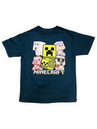 Minecraft Boys Navy Blue Creeper & Pig Tee Shirt Video Gamer T-Shirt