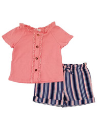 Toddler Girls Coral Pink Navy Blue Buttons Shirt Top Striped Shorts Outfit