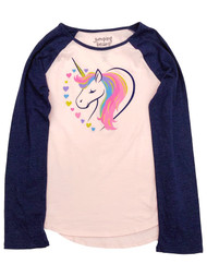 Jumping Beans Girls Long Pink & Navy Sparkle Heart Unicorn T-Shirt Tee Shirt 12