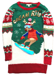 Junior Womens Green Sequin Dream Big Reindeer Christmas Tunic Sweater