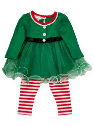 Infant Girls Red & Green Christmas Elf Tulle Skirt Leggings Buttons Outfit