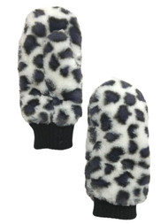 Womens Fuzzy Plush Black & White Leopard Print Faux Fur Mittens