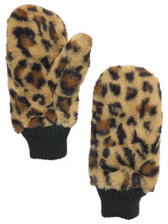 Womens Fuzzy Plush Black & Brown Leopard Print Faux Fur Mittens