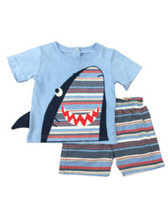 Infant Boys Blue Stripe Embroidered Shark Short Sleeve Shirt & Shorts Set
