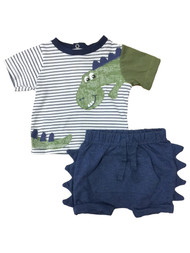 Infant Boys Blue Stripe Alligator Short Sleeve Shirt & Pocket Shorts Set