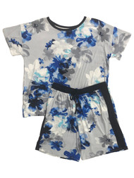 Layla Womens Gray & Blue Floral Knit Pajamas T-Shirt & Shorts Sleep Set
