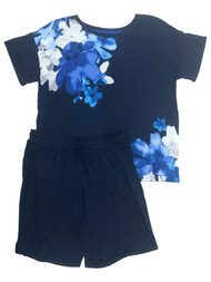 Layla Womens Blue Floral Knit Pajamas T-Shirt & Shorts Sleep Set