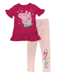 Peppa Pig Girls Pink 2 Piece Short Sleeve Shirt & Happy Legging Set