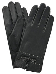 Womens Black Stitched Leather Bowtie Thinsulate Gloves