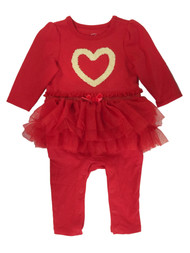 Infant Girls Red & Gold Heart Valentines Day Coverall Tutu Jumpsuit 3-6 Months
