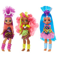 Cave Club Doll 3-Pack, 10 inch Poseable Prehistoric Fashion Dolls with Neon Hair
