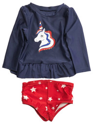 Infant & Toddler Girls 2pc Patriotic Blue Unicorn Rash Guard Swim Suit Set