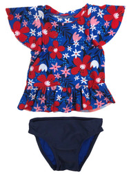 Infant & Toddler Girls 2pc Blue & Red Floral Rash Guard Swim Suit Set