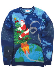 Mens Blue Rocket Ship Outer Space Santa Claus Holiday Christmas Sweater