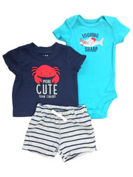 Carters Infant Boys 3pc Blue Shark & Crab Shirt Bodysuit & Shorts Set NB