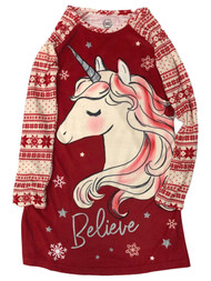 Girls Red Snowflake Flannel Believe Unicorn Nightgown Sleep Shirt