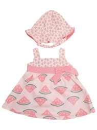 Infant Girls Pink Watermelon Dress Outfit w/ Bucket Hat Chin Strap & Bow Newborn