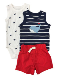 Carters Infant Boys 3pc Red White & Blue Whale Bodysuit Tank & Shorts Set
