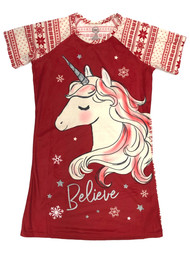 Girls Red Short Sleeve Flannel Snowflake Unicorn Nightgown Sleep Shirt