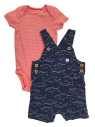 Carters Infant Boys 2pc Blue Shark Shortalls & Red Striped Bodysuit Set