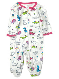 Infant Girls White Pink Cotton Dinosaur Print Baby Sleeper Footie Pajamas