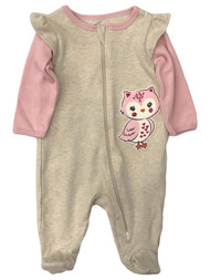Infant Girls Beige & Pink Cotton Owl Themed Baby Sleeper Footie Pajamas
