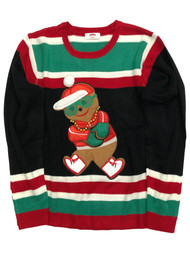 Mens Black Stripe Hip Hop Gingerbread Man Holiday Christmas Sweater