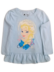 Frozen Girls Elsa Blue Long Sleeve Sparkly Snowflake Tee Shirt T-Shirt