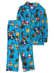Super Mario Boys Long Blue Flannel Gamer Pajamas Shirt Sleep Pants Set