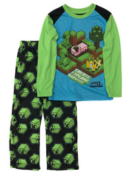 Minecraft Boys Long Blue Creeper Pajamas Shirt & Fleece Sleep Pants Set