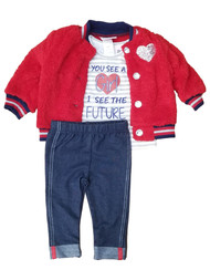 Infant Girls Red Furry Varsity Jacket Navy Leggings 3pc Baby Outfit Set