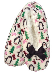 Womens Plush White Sherpa Holiday Penguin Ballet Slippers Holiday Shoes OSFM