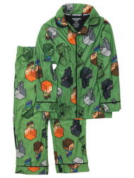 Minecraft Boys Long Green Flannel Mine Crafter Pajamas Sleep Pants Set