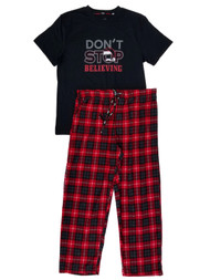 Mens Dont Stop Believing T-Shirt & Plaid Fleece Pants Sleepwear Pajama Set Large