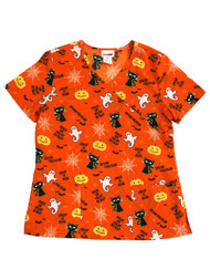 Womens Orange Halloween Ghost Cat Trick or Treat Stretch Scrubs Shirt