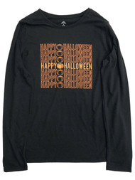Womens Long Black & Orange Happy Halloween Pumpkin T-Shirt Tee Shirt