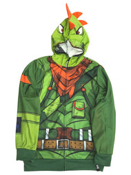 Fortnite Boys Green Rex Dinosaur Cosplay Hoodie Zip Front Sweatshirt Large 10-12